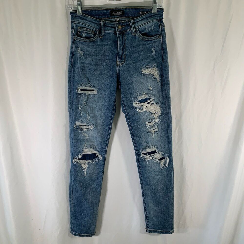 Judy Blue Jeans Women's 3 26 Medium Wash Blue Denim Slim Fit Distressed Cotton